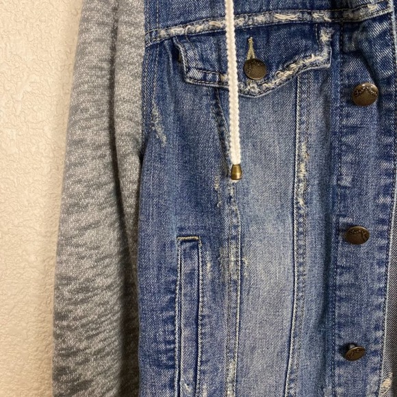 Free People Distressed Jean Jacket Womens Small Blue Gray Terry Hood Arms - Picture 4 of 11